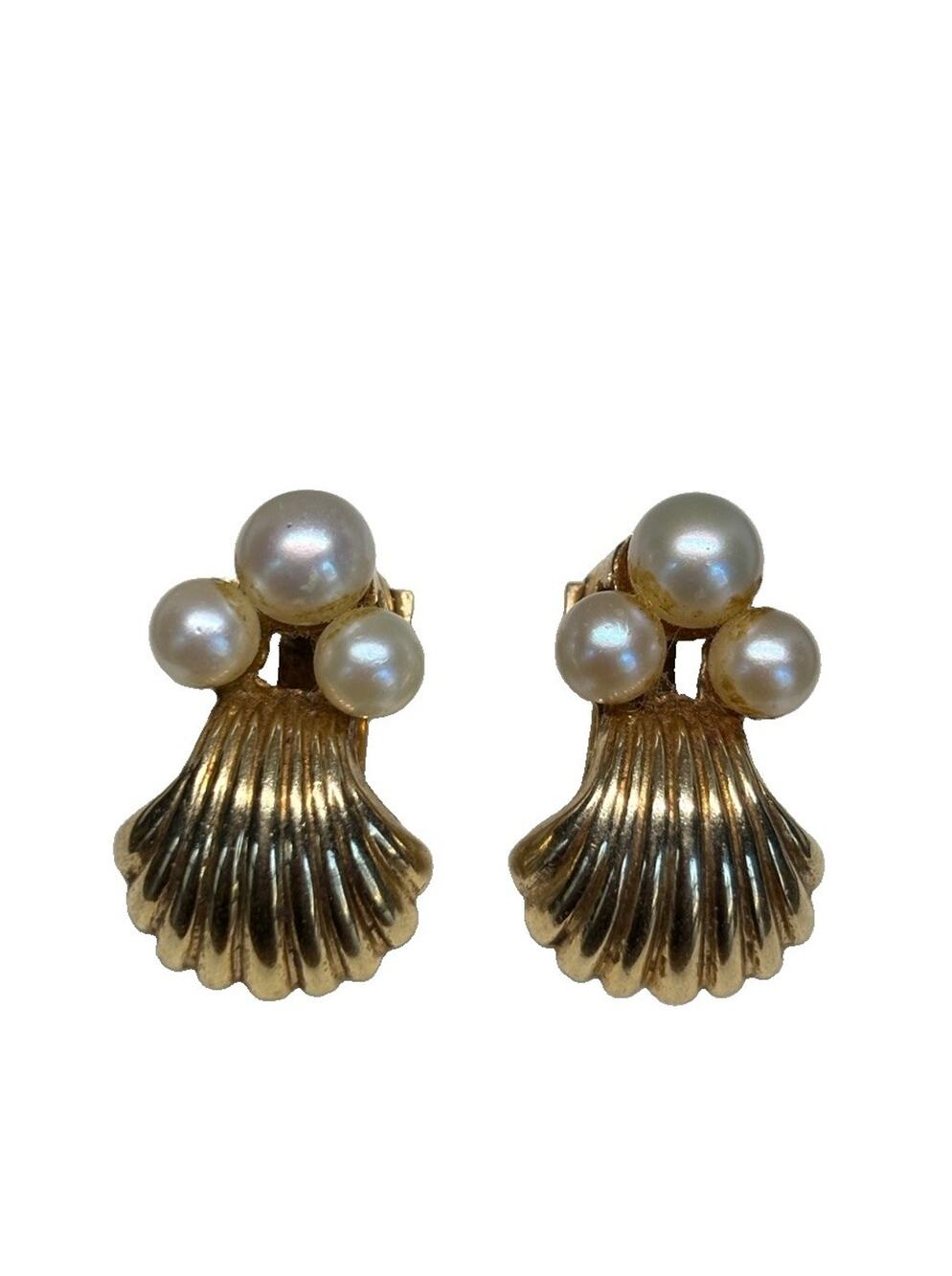 Rare 14k Gold Akoya Pearl Seashell Drop Earrings Fine Estate Vintage